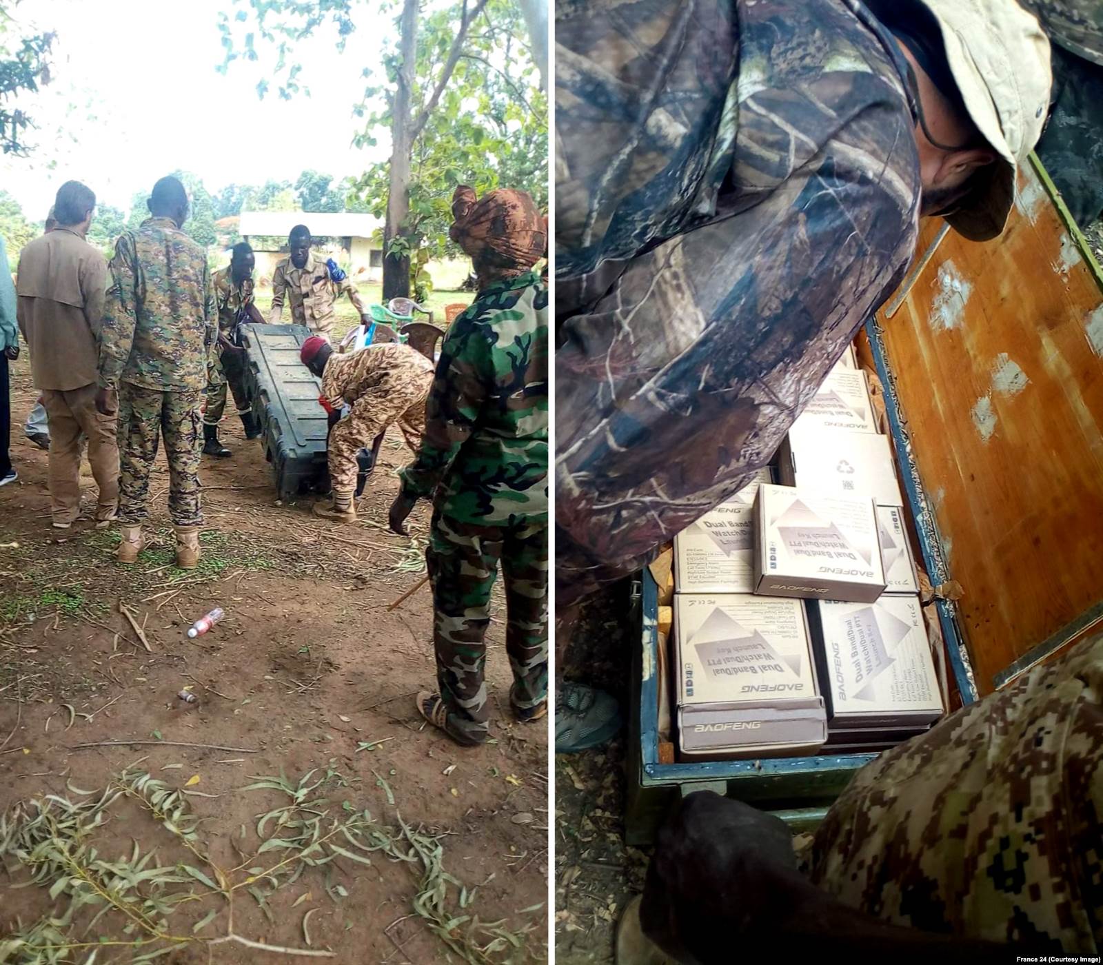 Слева: контейнер, в котором, по словам участников конвоя, находится дрон. Справа: ящик с рациями Baofeng